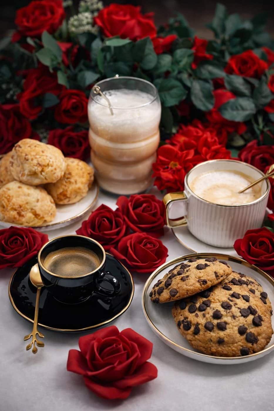 Mesa de Bloom con cafés, chipá y cookies entre rosas