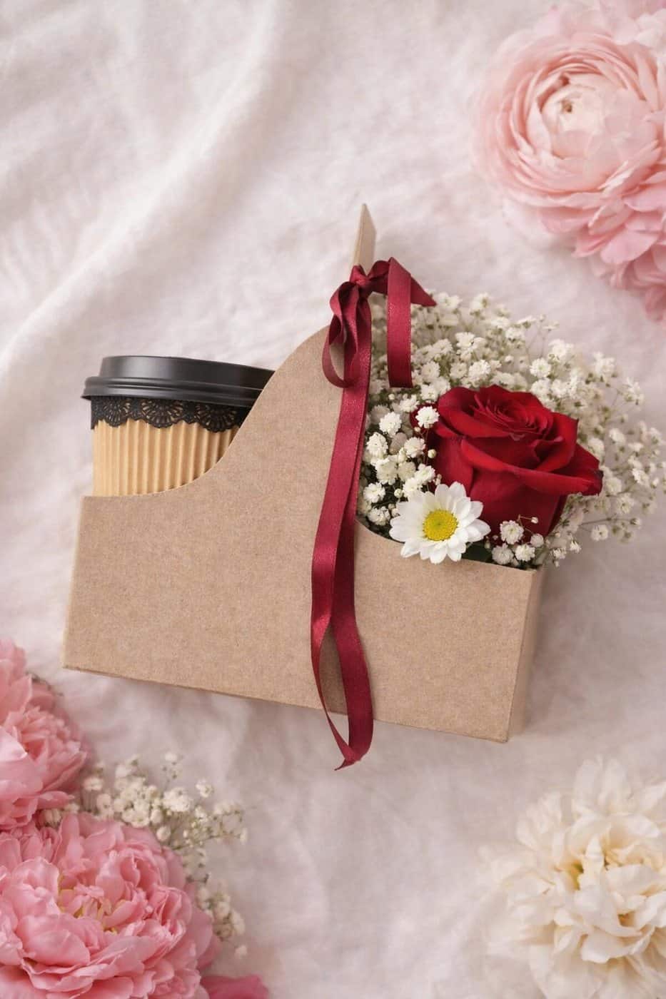 Pack de Bloom para llevar: café con rosa y flores sobre lino rosado